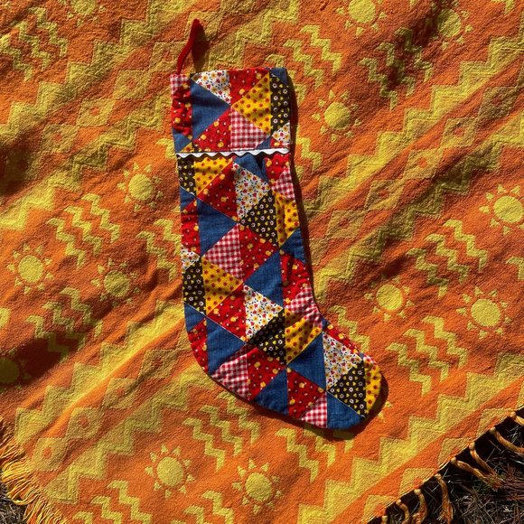 patchwork stocking handmade calico red yellow blue xmas Christmas holiday decor - Picture 1 of 5